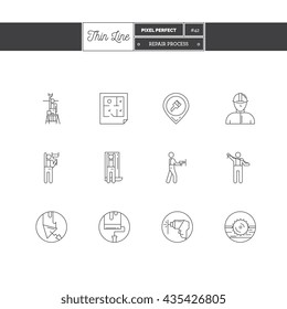 Line Icons Set of Repair objects. Repair tools, repair process objects. Icons for web and mobile app.