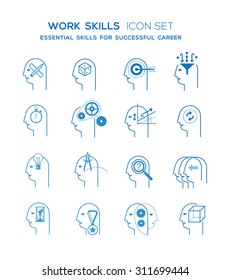 Line icons set representing abstract symbols of personal skills essential for successful education and career. Personal characteristics, experience and success vector pictogram collection.