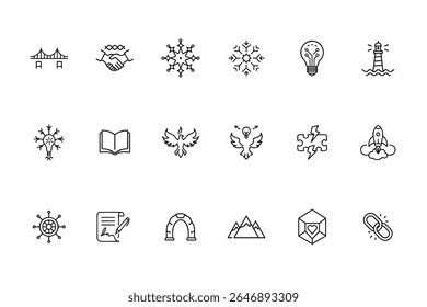 Line icons set representing values including bridge handshake snowflake lightbulb lighthouse book phoenix