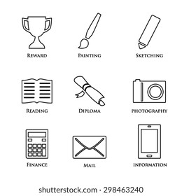 Line icons set of reward, diploma, painting, sketching, reading, photography, finance, mail, information