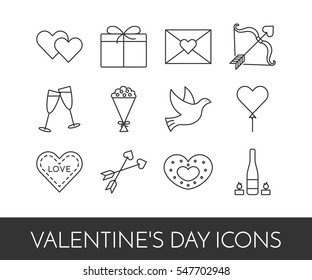 Line icons set for Saint Valentines day and romantic date theme. Elements of love for greeting card in vector illustration.