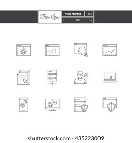 Line Icons Set of SEO elements, big data center graph, internet protection password access, technical instrument. Logo icons. Vector illustration. Logo icons vector illustration