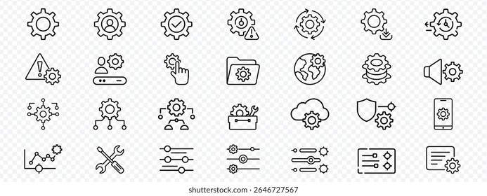Line Icons Set for Settings, Automation, Technical Control, System Configuration, showcasing gears, automation, control sliders, global settings, maintenance tools, update indicators, warning alerts