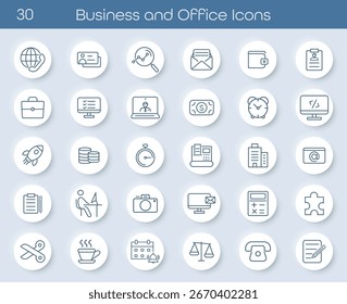 Line icons set showing business and office essentials. Includes icons of workspace, documents, coffee, communication, goals, teamwork, and supplies. Great for presentations, apps, and web design.