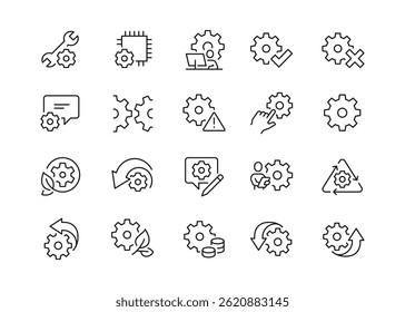 Line icons set. Simple set of gear related vector line icons. Icons as engineering, process, settings and more. Editable stroke. Vector editable line icon.