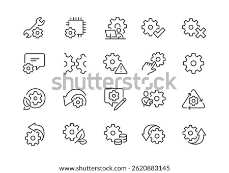 Line icons set. Simple set of gear related vector line icons. Icons as engineering, process, settings and more. Editable stroke. Vector editable line icon.
