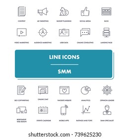 Line icons set. SMM pack. Vector illustration for social media, blogging 