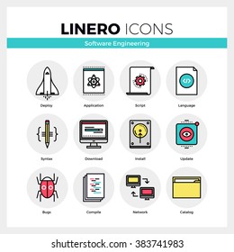 Line Icons Set Of Software Engineering Tools For App Debug. Modern Color Flat Design Linear Pictogram Collection. Outline Vector Concept Of Stroke Symbol Pack. Premium Quality Web Graphics Material.