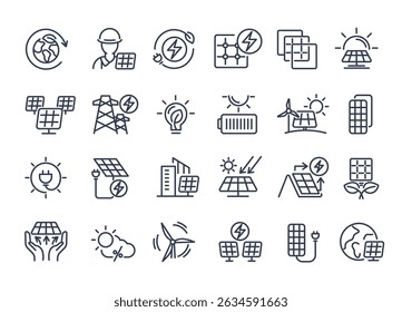 Line icons set of solar energy, renewable power, eco-friendly technology, sustainability, wind and sun energy, battery storage, and green innovation for environment-focused vector design.