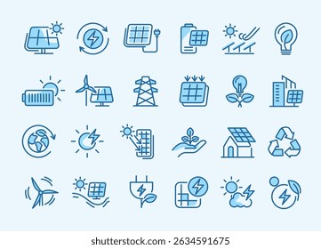 Line icons set of solar energy, renewable power, eco-friendly technology, sustainability, wind and sun energy, battery storage, and green innovation for environment-focused vector design.