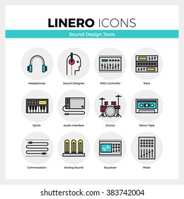 Line icons set of sound engineering synth and midi controller. Modern color flat design linear pictogram collection. Outline vector concept of stroke symbol pack. Premium quality web graphics material