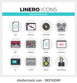 Line icons set of sound production and audio mastering. Modern color flat design linear pictogram collection. Outline vector concept of mono stroke symbol pack. Premium quality web graphics material.