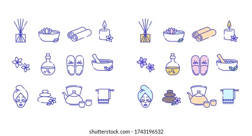 Line icons set of spa icons. Included are badges in the form of candles, aromatheater, towels, flowers, teapot, slippers, face, oil