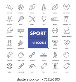 Line icons set. Sport pack. Vector illustration for activity life and gym, health. Team and single, extreme, water sports 
