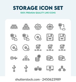 Line icons set of storage including boxes, cloud storage, database, security, SSD, HDD, and data management—premium quality outline icon collection.