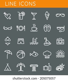 Line icons set. Summer holidays, vacation and travel objects. Vector web design elements