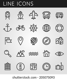 Line icons set. Summer holidays, vacation and travel objects. Vector web design elements