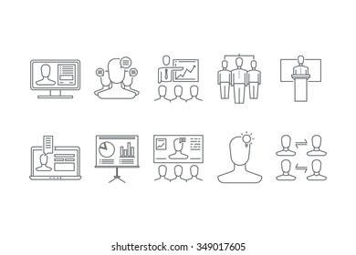 Conjunto de iconos de línea de trabajo en equipo y comunicación. Vector de material.