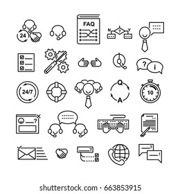 Line icons set of technical support and help desk service.  Editable strokes. Vector illustration.