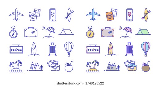 Line icons set of travel icons. Included are badges in the form of airplane, passport, phone, boat, compass, suitcase, umbrella, stick, hotel, camera