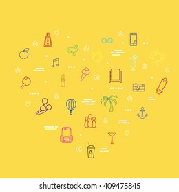 Line Icons Set of Travel and Summer Vacation. Vacation Web Icons Set. Isolated on Yellow Background.