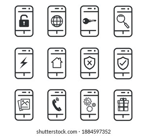 Line icons set. Trendy Modern flat thin linear contour phone icons. For Website Graphics, Mobile Applications, Infographic design, Brochures. Outline pictogram pack.
