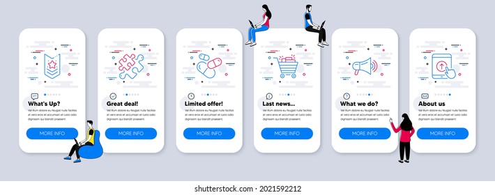 Line icons set. UI phone app screens with teamwork. Included icon as Megaphone, Shopping cart, Capsule pill signs. Shoulder strap, Puzzle, Swipe up line icons. Vector