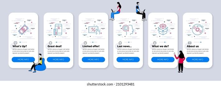 Line icons set. UI phone app screens with teamwork. Included icon as Discount coupon, Packing boxes, Payment signs. Contactless payment, Writer, Vinyl record line icons. Vector