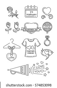 Line icons set for Valentine's Day and other romantic events. I love you. Calendar, 14 February, hearts, rose flower, diamond ring, T-shirt with inscription - together forever. Vector illustration