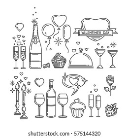 Line icons set for Valentine's Day and other romantic events. Romantic dinner. Bottle of wine, glasses, champagne, strawberries, cake, rose flower, candlelight. Vector illustration