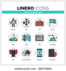 Line icons set of video game character and NPC development. Modern color flat design linear pictogram collection. Outline vector concept of stroke symbol pack. Premium quality web graphics material. svg