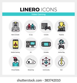 Line icons set of video gaming platform, computer games. Modern color flat design linear pictogram collection. Outline vector concept of mono stroke symbol pack. Premium quality web graphics material.