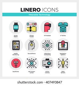 Line icons set of wearable technology, internet of things. Modern color flat design linear pictogram collection. Outline vector concept of mono stroke symbol pack Premium quality web graphics material