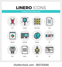 Line icons set of web coding for software and hardware. Modern color flat design linear pictogram collection. Outline vector concept of mono stroke symbol pack. Premium quality web graphics material.