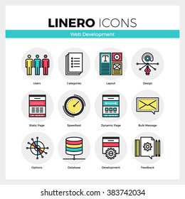 Line icons set of web development, website user settings. Modern color flat design linear pictogram collection. Outline vector concept of mono stroke symbol pack. Premium quality web graphics material