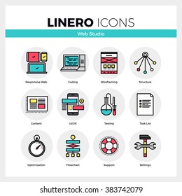 Line icons set of web studio services for website coding. Modern color flat design linear pictogram collection. Outline vector concept of mono stroke symbol pack. Premium quality web graphics material