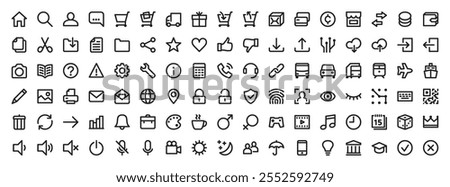 Line icons set for website or mobile app. Web design elements at 24x24 pixels. Collection of linear symbols. Vector illustration