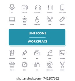  Line icons set. Workplace pack. Vector illustration for office or freelance work
