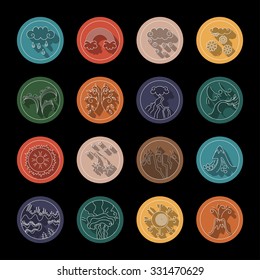 Line icons with shadows. Natural phenomena: rain, rainbow, hail, snow, dew, leaf fall, storm, wind, halo, shooting star, earthquake, avalanche, polar lights, whirlwind, eclipse, eruption 