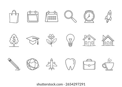 Line icons shopping bag calendar magnifying glass clock rocket tree graduation flower lightbulb house