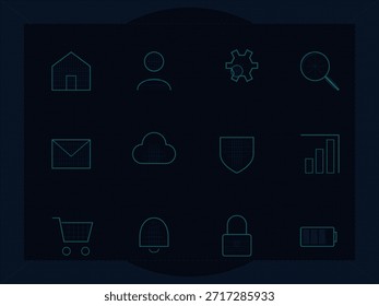 Line icons show tools like a house, user, gear, magnifying glass, cloud, envelope, shield, chart, shopping cart, bell, lock, and battery. These icons simplify digital navigation.