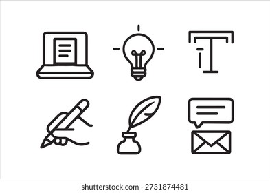 Iconos de línea que muestran herramientas para el trabajo digital, la escritura creativa y la comunicación moderna.