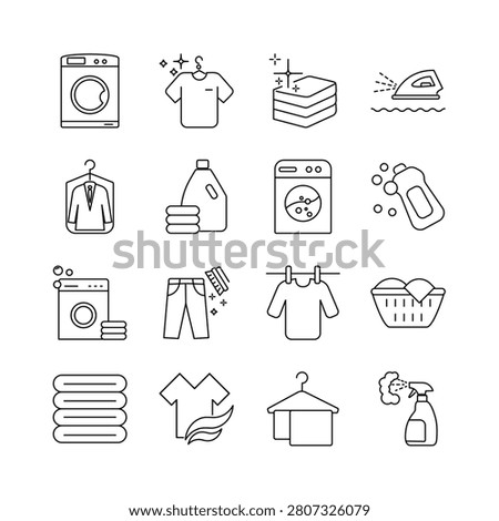 Line icons showing laundry symbols for washing, drying, ironing, and garment care instructions. Washing machine, detergent, clean clothes, iron, towel, washing, cleaning, shirt.