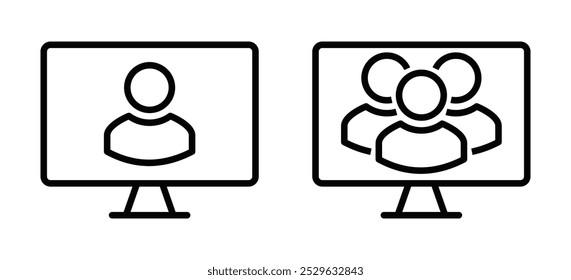 Line icons of a single person and group on a monitor, symbolizing video calls, conferencing, and remote communication in modern work settings. Editable stroke.