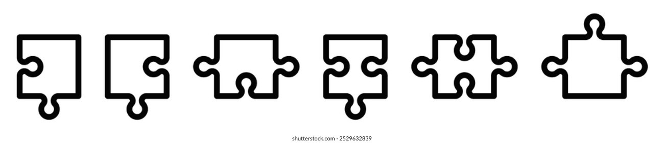 Ícones de linha de seis peças de quebra-cabeça em várias formas, representando conceitos de conexão, trabalho em equipe e resolução de problemas. Traçado editável.