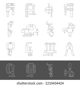 Line icons - Sixteen different types of clamps and vises