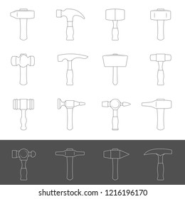 Line Icons - Sixteen different types of hammers