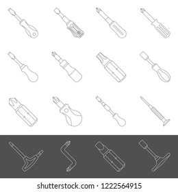 Line Icons - Sixteen different types of screwdrivers