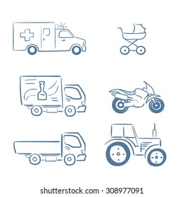 Line icons with sketch design elements of transport. Icon set include: ambulance, pram, small truck, city delivery car, motorcycle and tractor. Infographic vector logo pictogram collection concept.