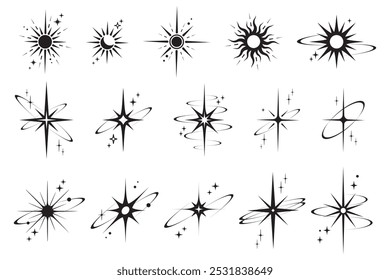 Iconos de líneas de estrellas. Y2k Elementos brillantes. Brillos y símbolos de brillo. Conjunto gráfico retro de figuras mínimas. El negro mágico centellea el sol y la luna con órbitas cósmicas sobre fondo blanco